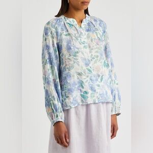 BELLA DAHL Floral Ragan Sleeve 100% Linen Button Down Blouse Watercolor Size M